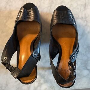 SCHUTZ Black Leather Peep-Toe Slingback Wedges with Rivet Detail